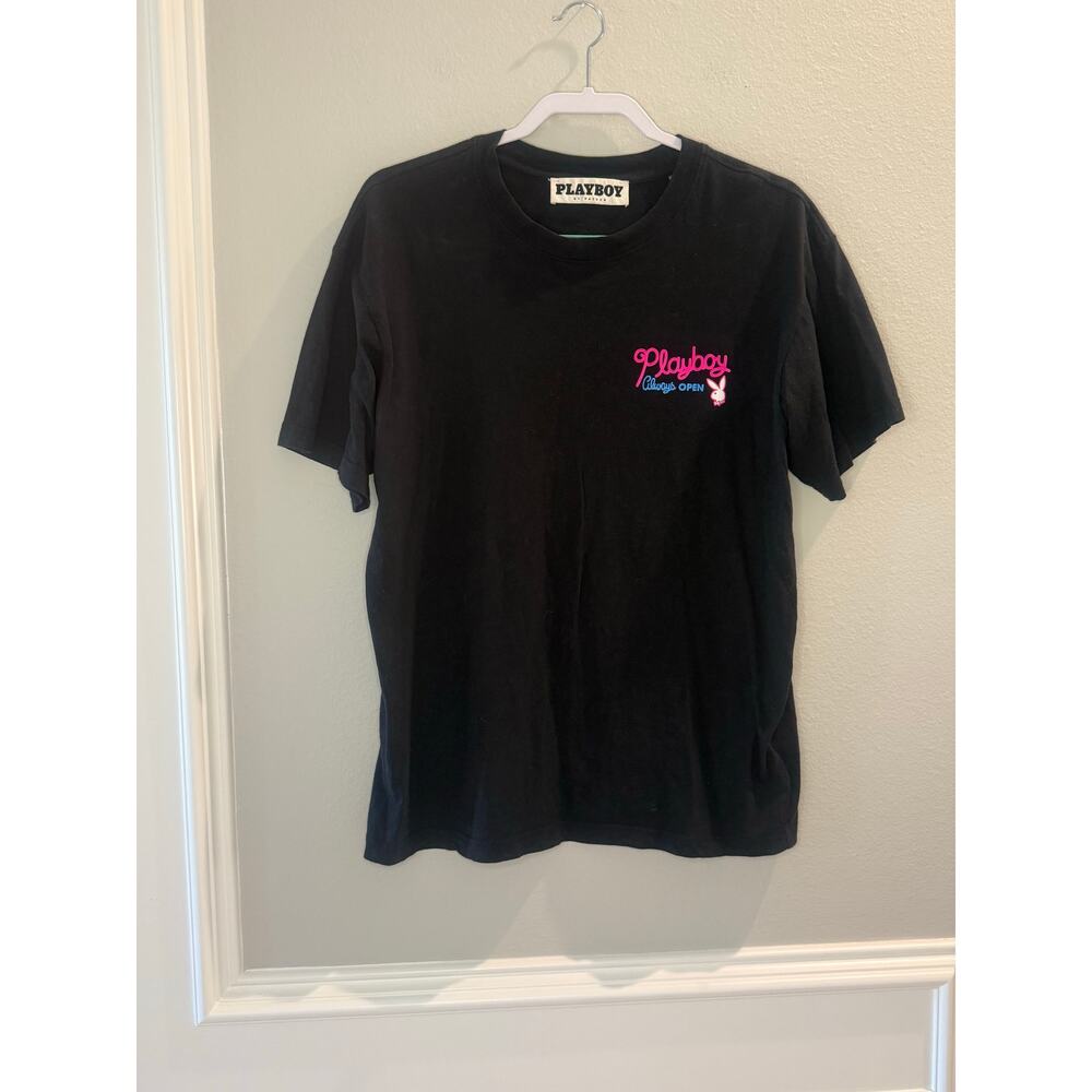 Playboy by PacSun Always Open Graphic Tee Sz M Black Neon Pink Blue Bunny Logo